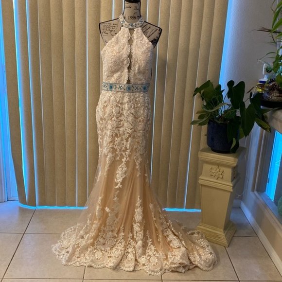 Stunning Ivory Lace & Blue Embellishments Formal Evening Gown… - Picture 2 of 15